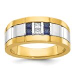 IBGoodman 14k Two-tone Men's Polished and Grooved Lab Created Sapphire and 1/10 Carat AA Quality Diamond Ring