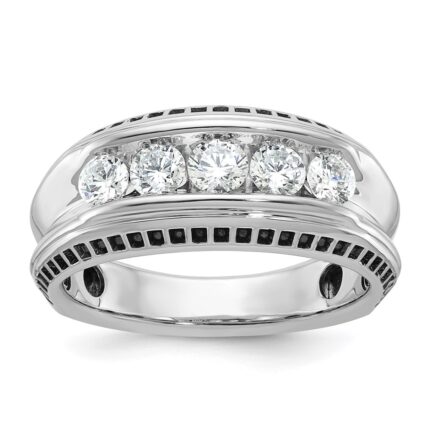 IBGoodman 14k White Gold with Black Rhodium Men's Polished and Textured 5-Stone 1 Carat AA Quality Diamond Ring