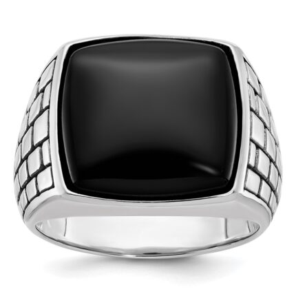 14k White Gold IBGoodman Men's Antiqued Onyx Complete Ring