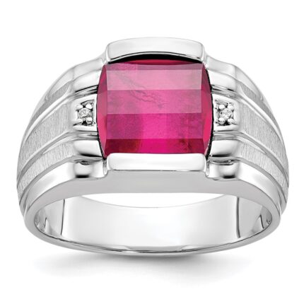 14k White Gold IBGoodman Men's Satin Created Ruby and Diamond Complete Ring