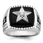 14k White Gold IBGoodman Men's Antiqued Onyx and 1/20 carat Diamond Complete Star Ring