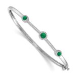 14k White Gold Complete 1/4 carat Diamond and Cabochon Emerald Hinged Bangle Bracelet