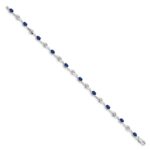 14k White Gold Complete Oval Blue Sapphire and Round White Sapphire Curved Link 7 inch Bracelet - Image 2