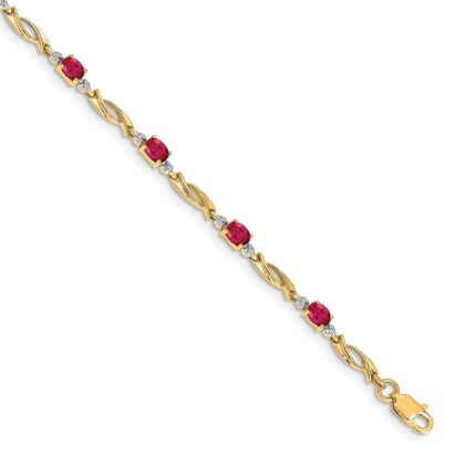 14k Complete Diamond and Oval Ruby Fancy Link 7.25 inch Bracelet