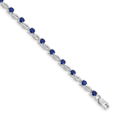 14k White Gold Complete Round Sapphire Fancy Link 7 inch Bracelet