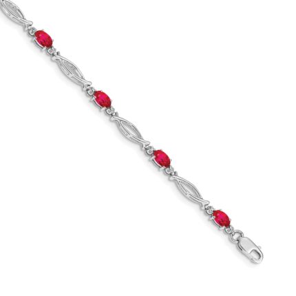 14k White Gold Complete Diamond and Oval Ruby 7.25 inch Bracelet