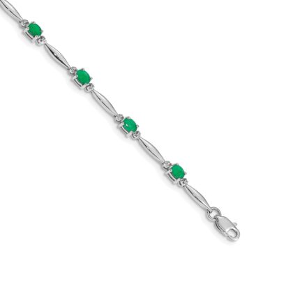 14k White Gold Complete Diamond and Oval Emerald 7.25 inch Bracelet