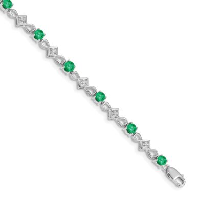 14k White Gold Complete Diamond and Round Emerald 7 inch Bracelet