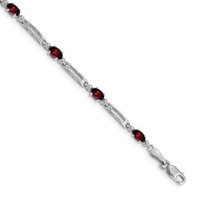 14k White Gold Complete Diamond and Oval Garnet Fancy Link 7 inch Bracelet