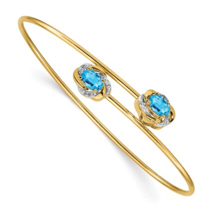 14k Polished Complete Oval Blue Topaz and .03 carat Diamond Flexible Bangle Bracelet