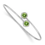 14k White Gold Complete Round Peridot and 1/8 carat Diamond Halo Flexible Bangle Bracelet