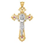 14k Two-tone Large Polished with Red CZs Crucifix Pendant