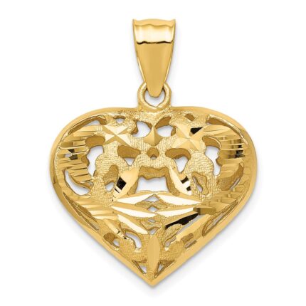 14k Polished Diamond-cut Fancy 3-D Heart Charm