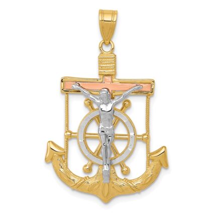 14k Tri-color Diamond-cut and Textured Mariners Crucifix Pendant