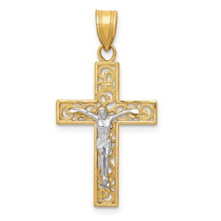 14K Two-Tone Diamond-cut Small Filigree Crucifix Pendant