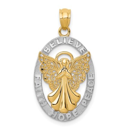 14K and White Rhodium BELIEVE PEACE FAITH HOPE Filigree Angel Pendant