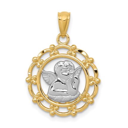 14k and White Rhodium Scalloped Frame Cherub Round Pendant