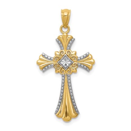 14K with White Rhodium Diamond-Cut Cross Pendant