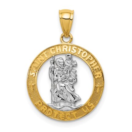 14K and White Rhodium Solid Cut-out St Christopher Medal Round Pendant