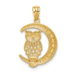 14K and White Rhodium Diamond-cut Owl on the Moon Pendant - Image 3