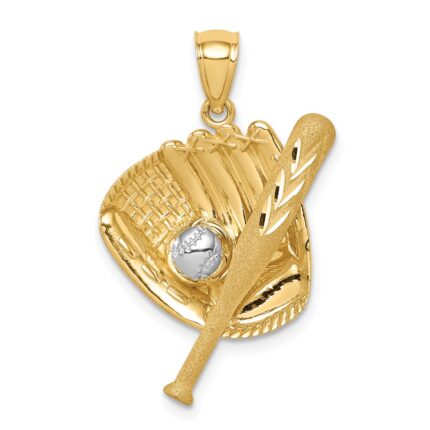 14K and White Rhodium Diamond-cut Baseball Bat/Glove/Ball Pendant