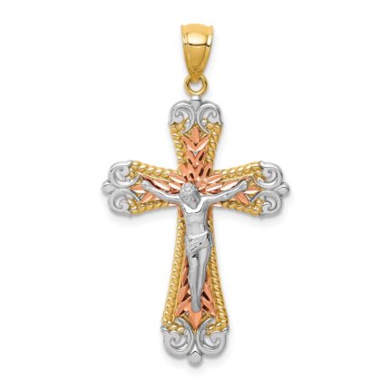 14K Tri-Color and White Rhodium Diamond-cut Crucifix Pendant