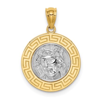 14K and White Rhodium with Greek Key Edge Jesus Medal