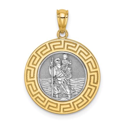 14K and White Rhodium Solid St. Christopher Medal Greek Key Edge Round Pendant