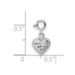 14K White Gold 3-D Puffed Diamond-cut Heart with Spring Ring Clasp Charm - Image 4