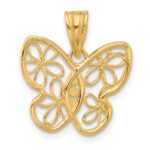 14K and White Rhodium Polished and Diamond-cut Flower Butterfly Pendant - Image 3