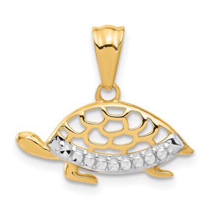 14K and White Rhodium Diamond-cut Turtle Pendant
