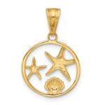 14K with White Rhodium Diamond Cut Starfish Seashell in Circle Pendant - Image 3