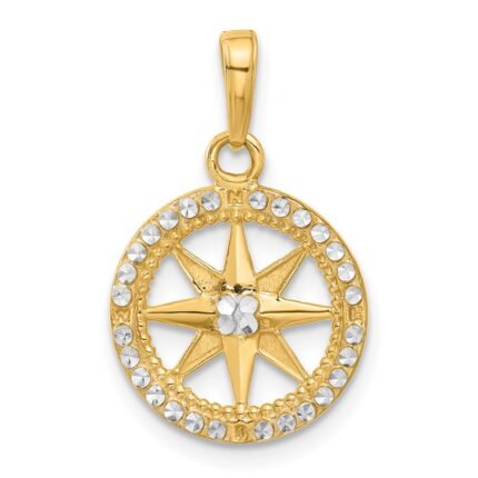 14k and White Rhodium Diamond-cut Compass Pendant