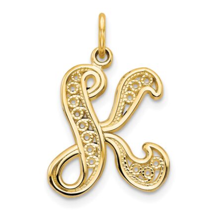 14KY Polished Script Filigree Letter K Initial Pendant