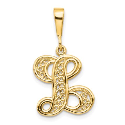 14KY Polished Script Filigree Letter L Initial Pendant