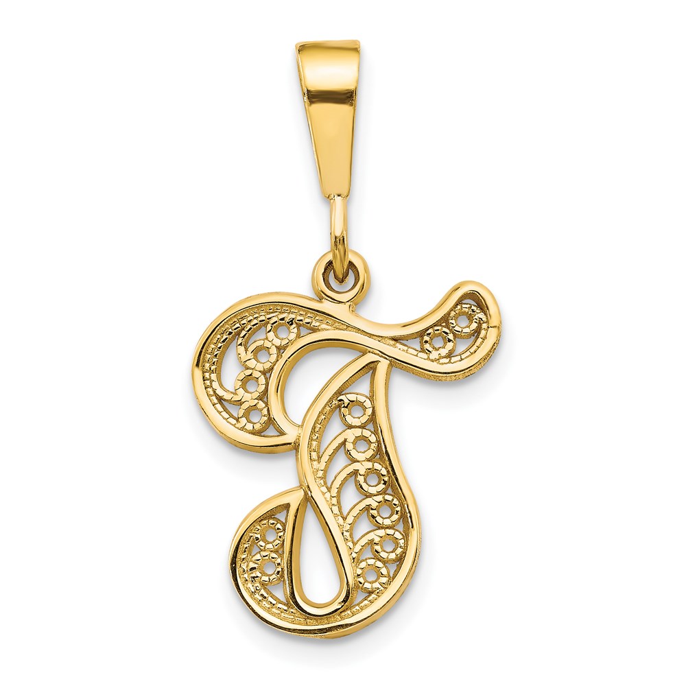 C569T.jpg 14KY Polished Script Filigree Letter T Initial Pendant - Image 1