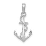 14K White Gold Solid Polished 3-D Anchor with Rope Pendant