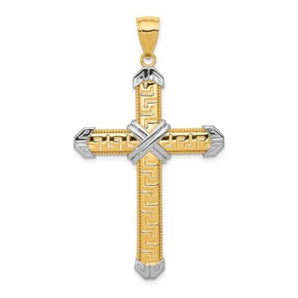 14K and White Rhodium Greek Key -X- Center Cross Pendant