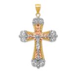 14K Tri-Color and White Rhodium Large Diamond-cut Crucifix Pendant
