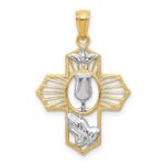 14k and White Rhodium Communion Cross with Dove and Praying Hands Pendant