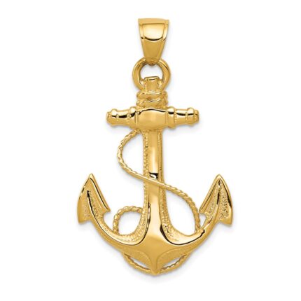 14K Large 2-D Anchor with Rope Pendant