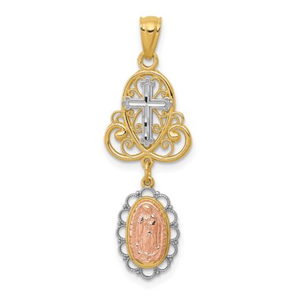 14K Two-Tone with White Rhodium Our Lady of Guadalupe and Cross Pendant