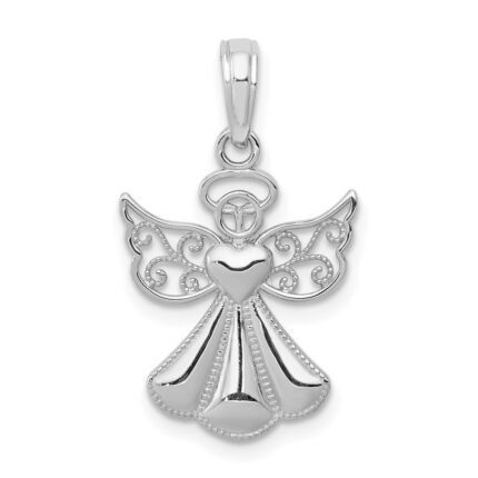 14K White Gold Polished and Textured Guardian Angel with Heart Pendant