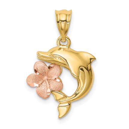 14K Two-tone Brushed and Polished Diamond-cut Plumeria with Dolphin Pendant