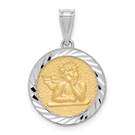14K Two-tone Polished and Diamond-cut Bezel Angel Round Pendant