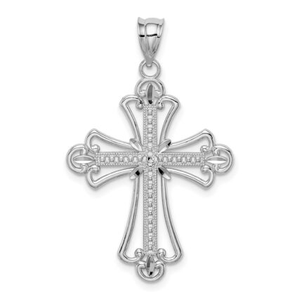 14K White Gold Polished Diamond-cut Textured Cross Pendant