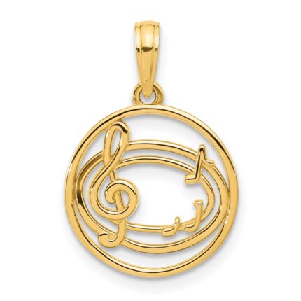 14k Polished Music Notes and Treble Clef in Circle Pendant