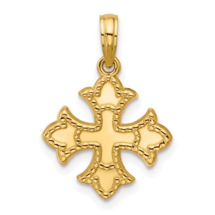 14K Polished Beaded Fleur de Lis Cross Pendant