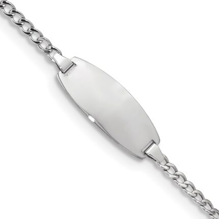 14k White Gold Polished Semi-Solid Chain/Solid Plate Curb Link Oval 18.5x8.5mm Plate 7 inch ID Bracelet