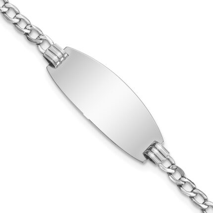 14k White Gold Polished Semi-Solid Chain/Solid Plate Curb Link Oval 25x11.5mm Plate 7 inch ID Bracelet